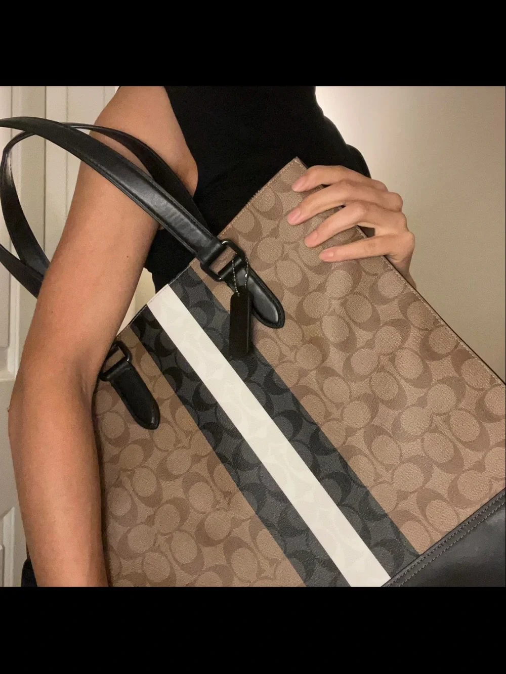 Coach Brown Signature Stripe Tote with Black Trim
